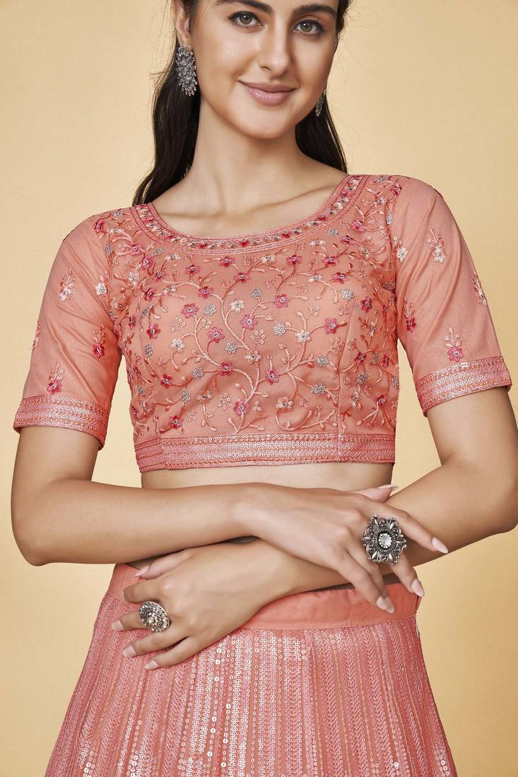 Peach Embroidered Round Neck Lehenga Choli