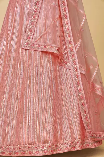 Peach Embroidered Round Neck Lehenga Choli