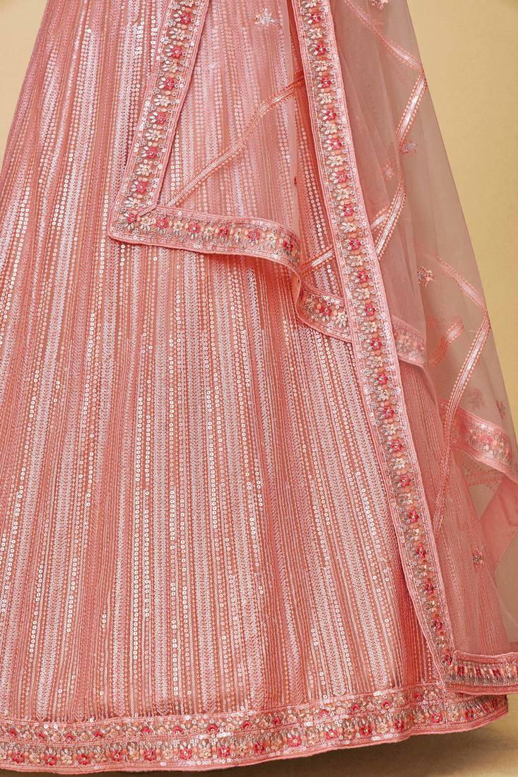 Peach Embroidered Round Neck Lehenga Choli