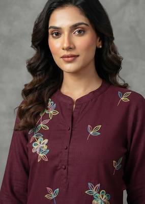 Maroon multi-color floral embroidered short kurti 2
