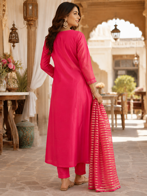 women's shimmer silk blend embroidered kurta pant dupatta set 3