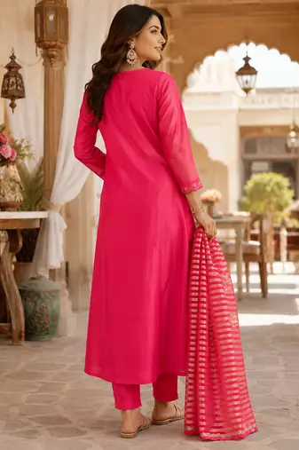 women's shimmer silk blend embroidered kurta pant dupatta set