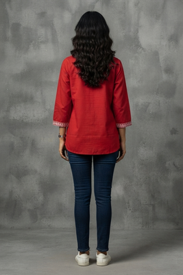 Vibrant red floral embroidered short kurti 2