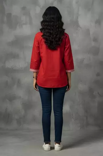 Vibrant red floral embroidered short kurti