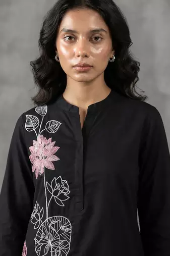 Elegant black and pink floral embroidered short kurti