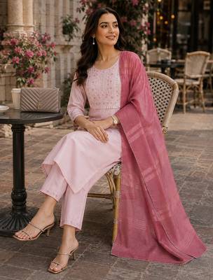 women's art silk embroidered kurta set with dupatta 3