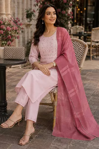 women's art silk embroidered kurta set with dupatta