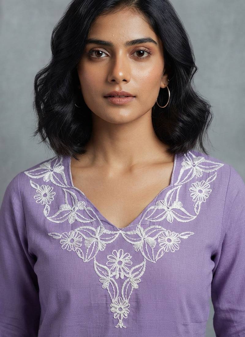 Elegant lavender floral embroidered short kurti