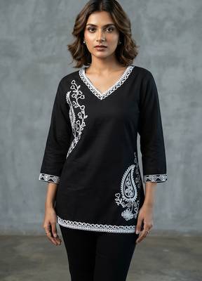 Sophisticated black and white paisley embroidered short kurti 1