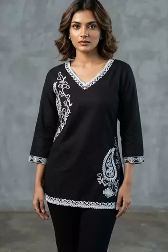 Sophisticated black and white paisley embroidered short kurti