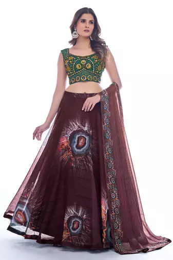 Maroon and Green Embroideredand printed Lehenga Choli