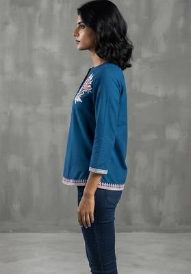Classic blue floral embroidered short kurti 3