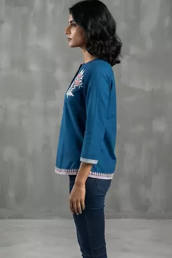 Classic blue floral embroidered short kurti
