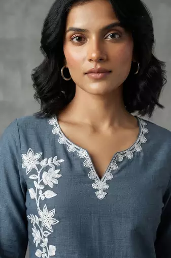 Elegant slate blue embroidered kurti