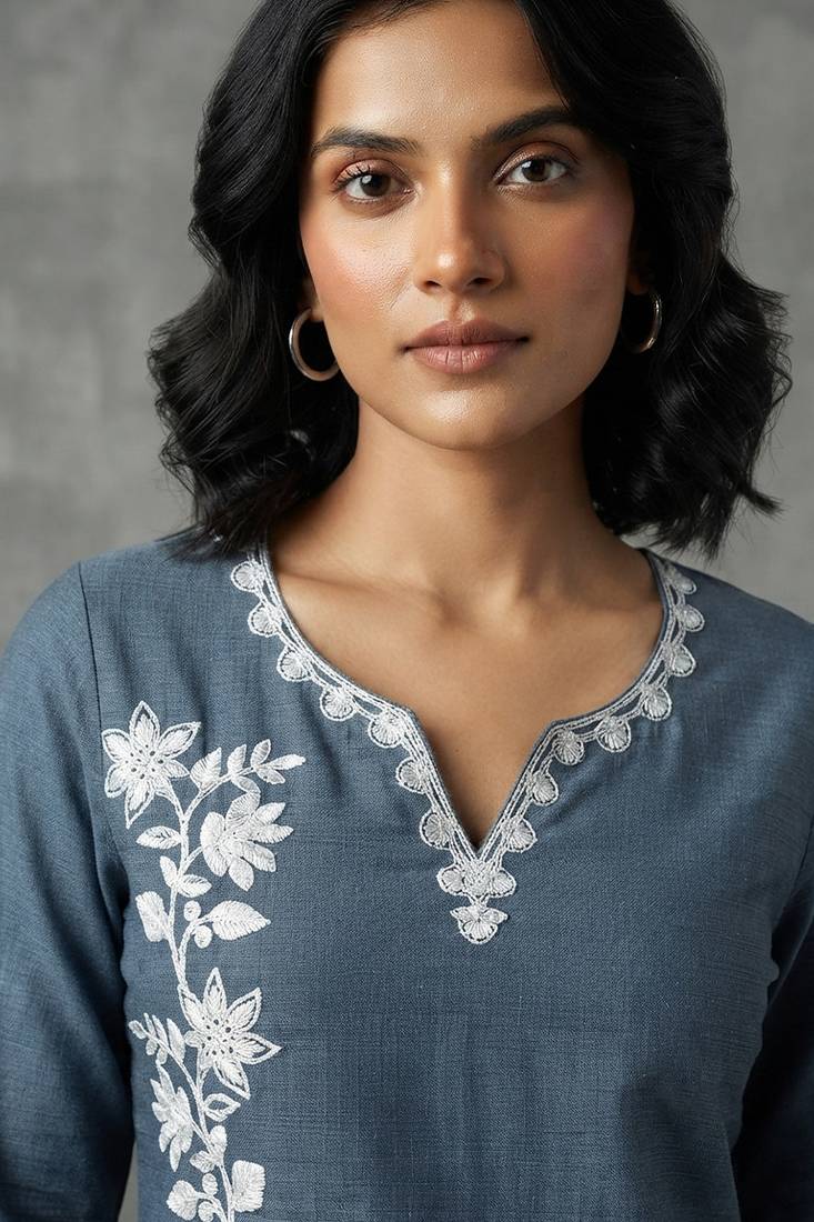Elegant slate blue embroidered kurti