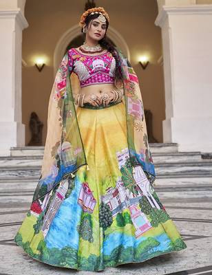 Vibrant Yellow Lehenga with Artistic Handwork and Palace-Themed Prints 1
