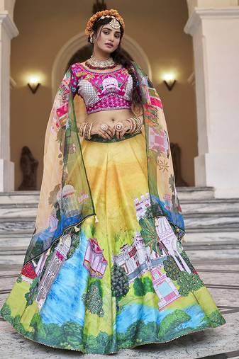 Vibrant Yellow Lehenga with Artistic Handwork and Palace-Themed Prints