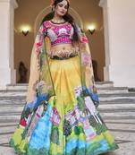 Vibrant Yellow Lehenga with Artistic Handwork and Palace-Themed Prints