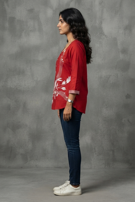 Vibrant red floral embroidered short kurti 3