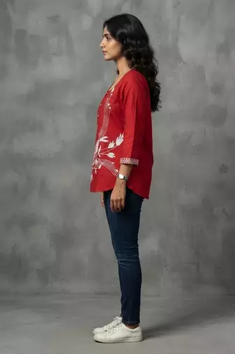 Vibrant red floral embroidered short kurti