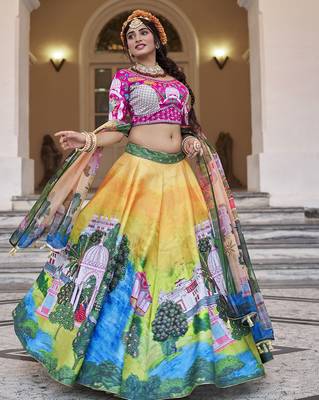 Vibrant Yellow Lehenga with Artistic Handwork and Palace-Themed Prints 2