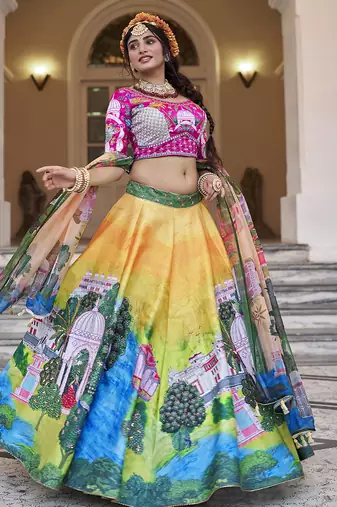Vibrant Yellow Lehenga with Artistic Handwork and Palace-Themed Prints