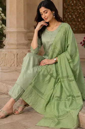 women's art silk fabric embroidered kurta set with dupatta