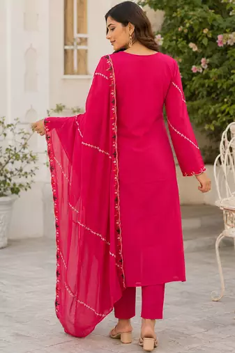 women's chanderi silk embroidered straight kurta set with dupatta
