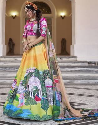 Vibrant Yellow Lehenga with Artistic Handwork and Palace-Themed Prints 3