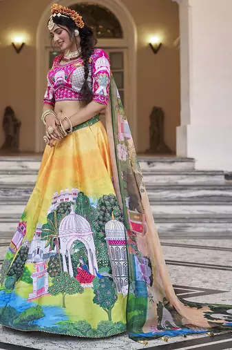 Vibrant Yellow Lehenga with Artistic Handwork and Palace-Themed Prints