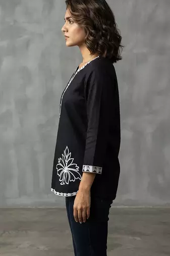 Chic black and white embroidered short kurti