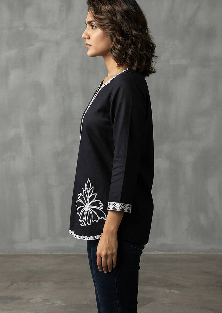 Chic black and white embroidered short kurti