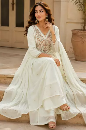 women's premium georgette embroidered kurta set with dupatta