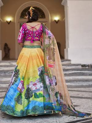 Vibrant Yellow Lehenga with Artistic Handwork and Palace-Themed Prints 4
