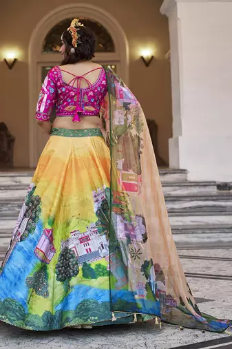 Vibrant Yellow Lehenga with Artistic Handwork and Palace-Themed Prints