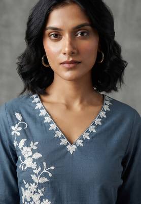 Elegant slate blue floral embroidered kurti 3