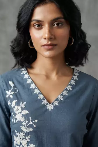Elegant slate blue floral embroidered kurti