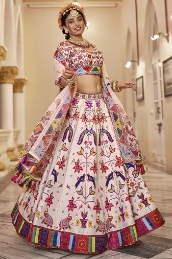Graceful Pastel Lehenga with Handwork and Intricate Animal-Themed Prints