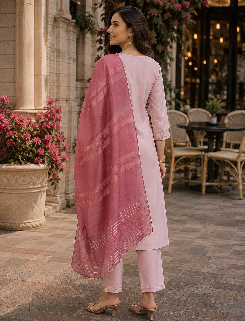 women's art silk embroidered kurta set with dupatta