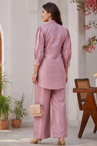 women's dusty rose shimmer satin embroidered co-ord set