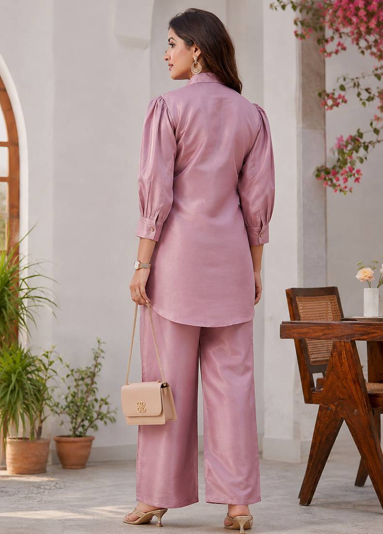 women's dusty rose shimmer satin embroidered co-ord set