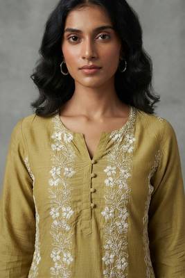 Olive green floral embroidered kurti 3
