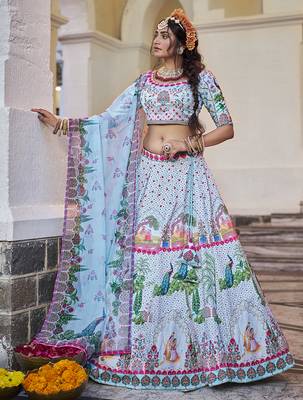 Olive Green Mirror Work Lehenga Choli Set 1