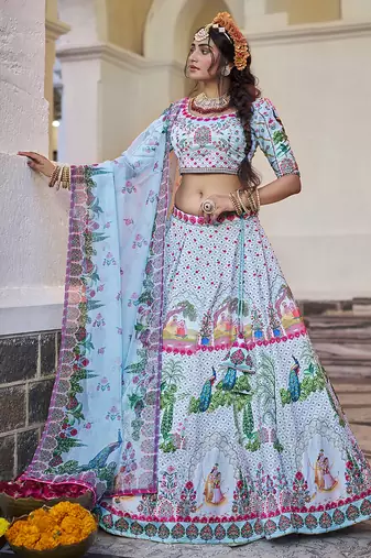 Olive Green Mirror Work Lehenga Choli Set
