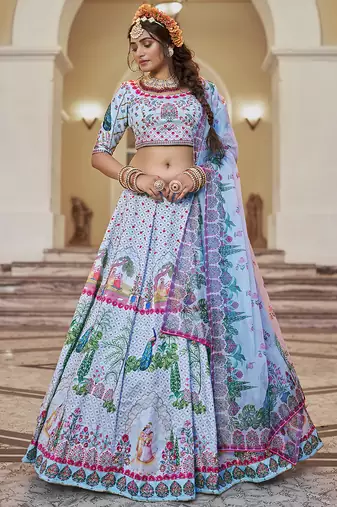 Olive Green Mirror Work Lehenga Choli Set