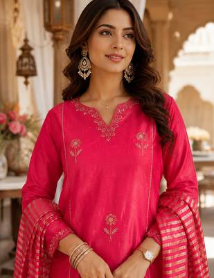women's shimmer silk blend embroidered kurta pant dupatta set 4