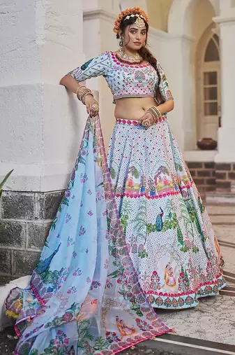 Olive Green Mirror Work Lehenga Choli Set