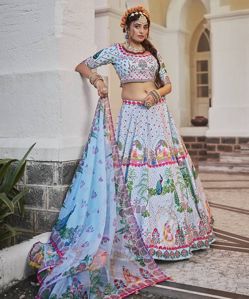 Olive Green Mirror Work Lehenga Choli Set