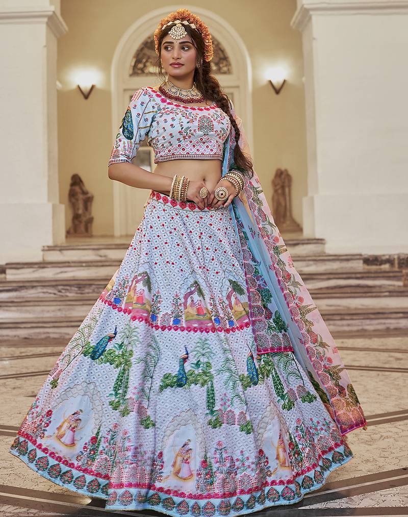 Olive Green Mirror Work Lehenga Choli Set
