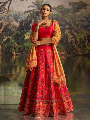  Red Silk Semi-Stitched Lehenga with Organza Dupatta & Intricate Embroidery 1